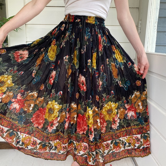 Vintage Dresses & Skirts - Vintage Floral Indian Cotton Maxi Pleated Skirt